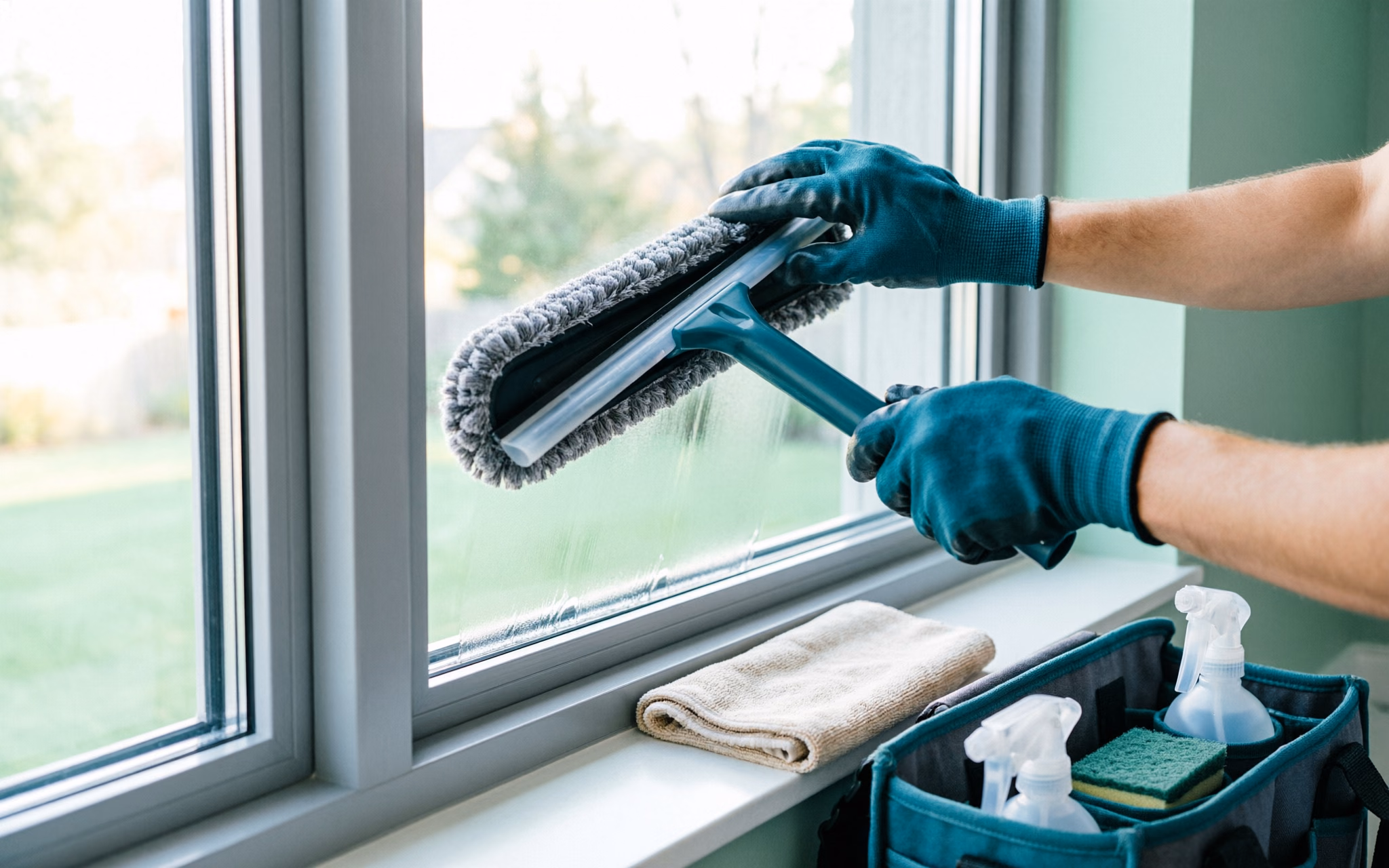 A window cleaner in a blue uniform drawing a squeegee down a large pane of glass on an Ottawa home, soapy water running off the blade to a streak-free finish on a bright day.