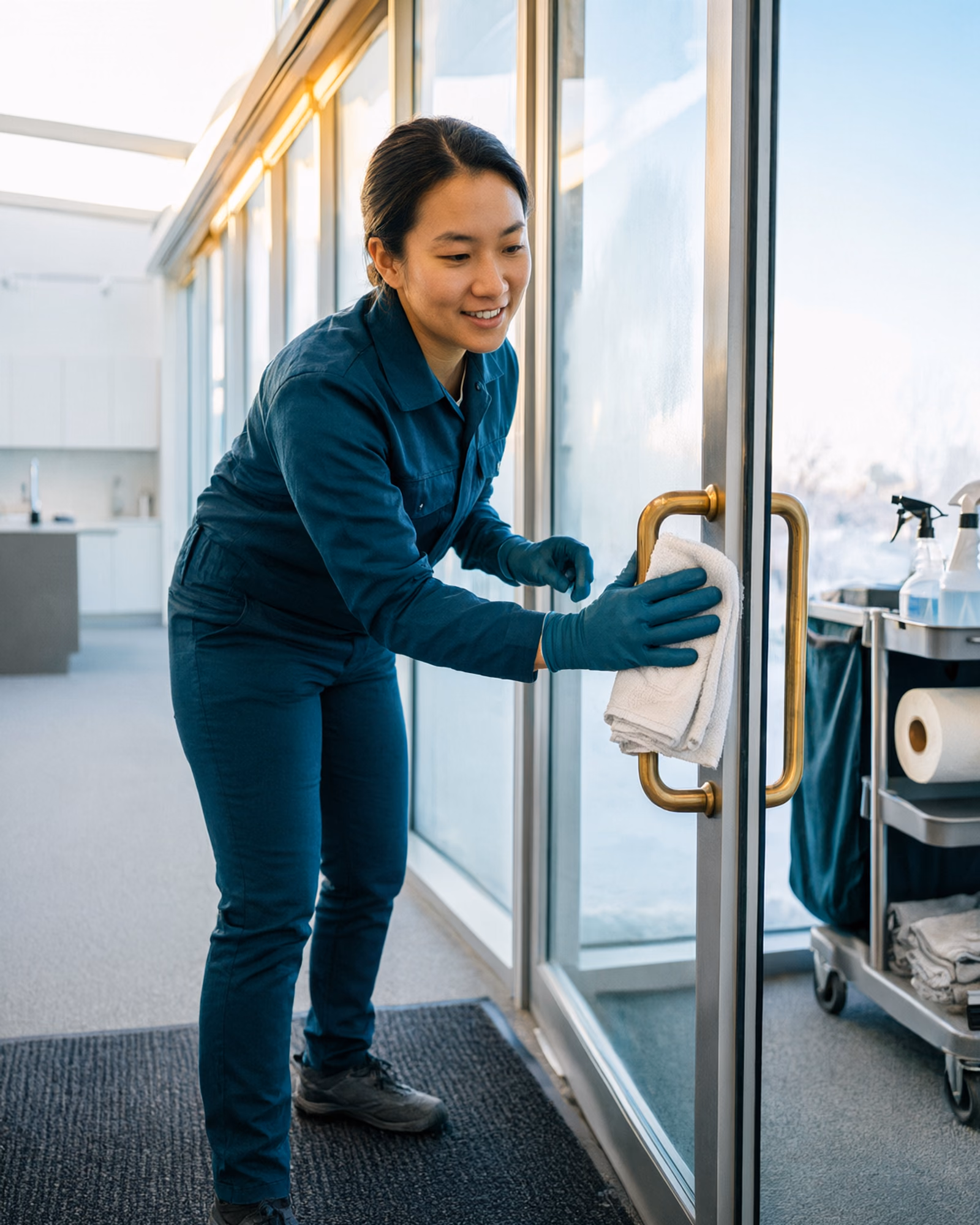 A cleaning team wiping desks and emptying recycling bins in a bright open-plan Ottawa office at the end of the workday, showing the daily high-touch routine in action.