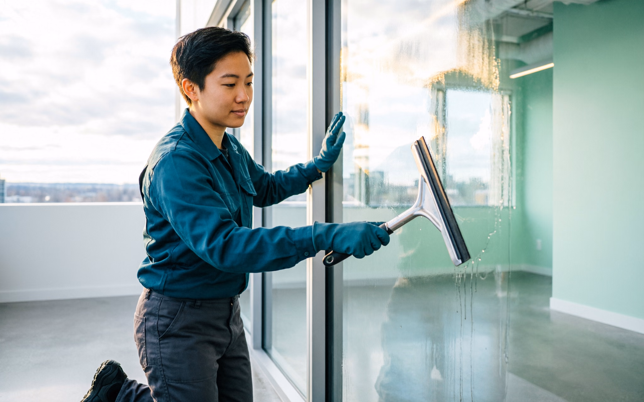 A professional window-cleaning team working on the glass walls of a bright Ottawa office, squeegeeing the panes from a stable platform.