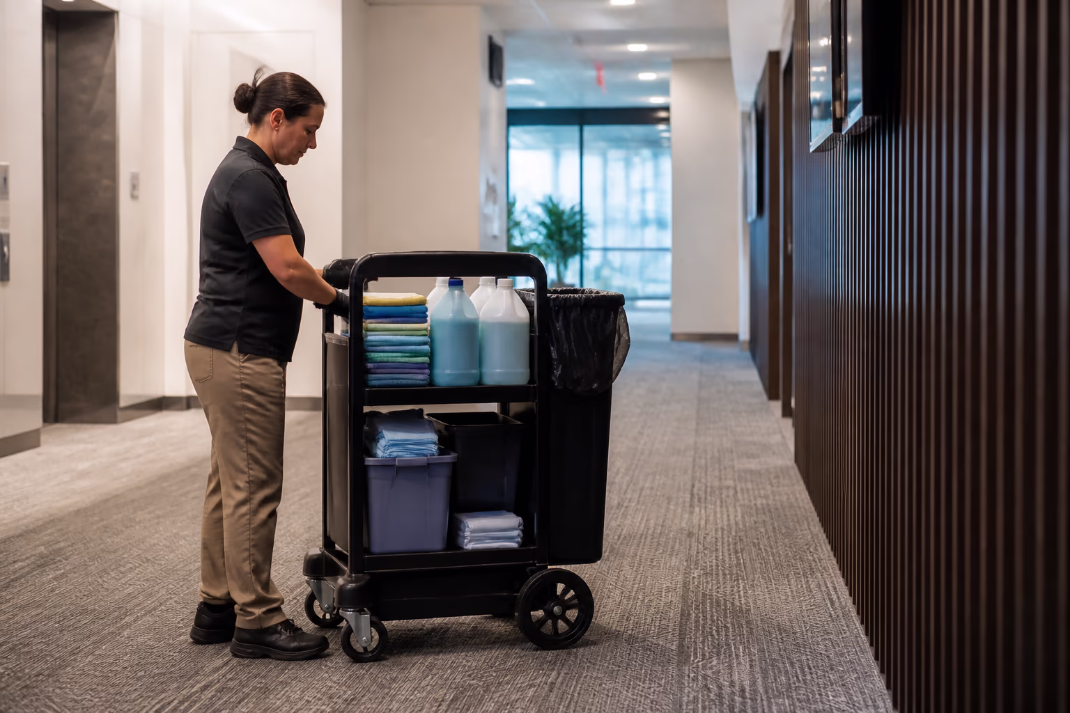 A janitorial cart stocked with colour-coded microfibre cloths and certified cleaning concentrates in a commercial office corridor in Ottawa, ready for a nightly service round.