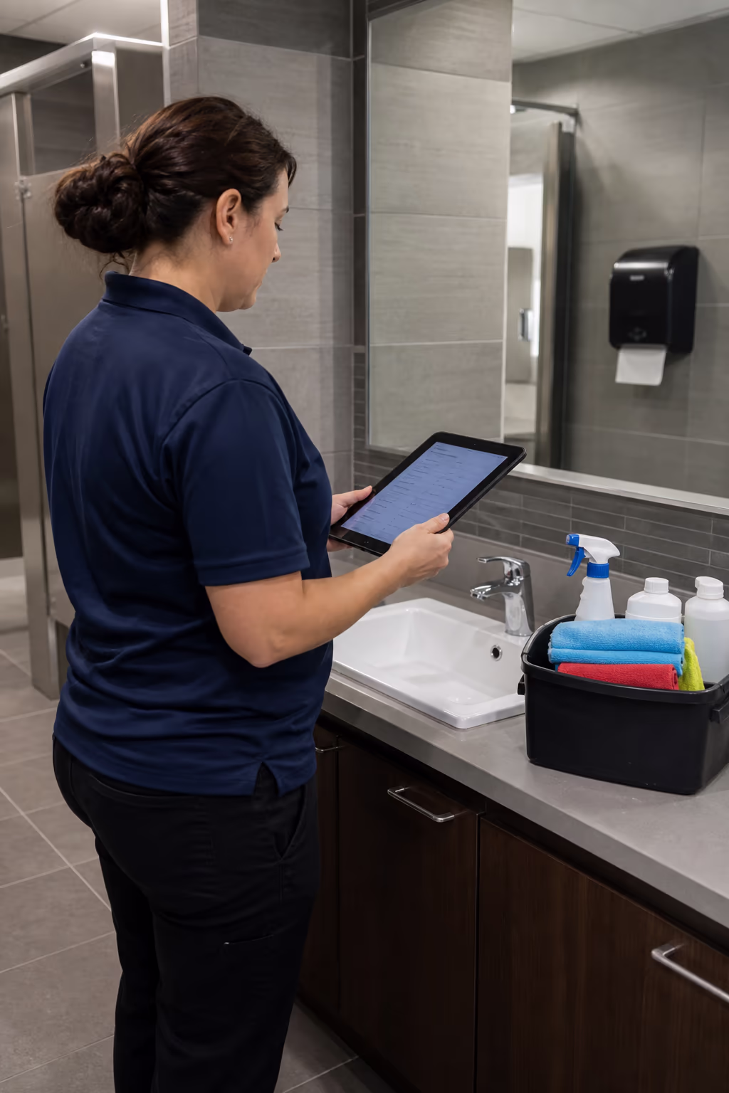 A commercial cleaning technician holding a tablet with a completed washroom inspection checklist beside a colour-coded supply caddy, documenting APPA Level 1 in an Ottawa office building.