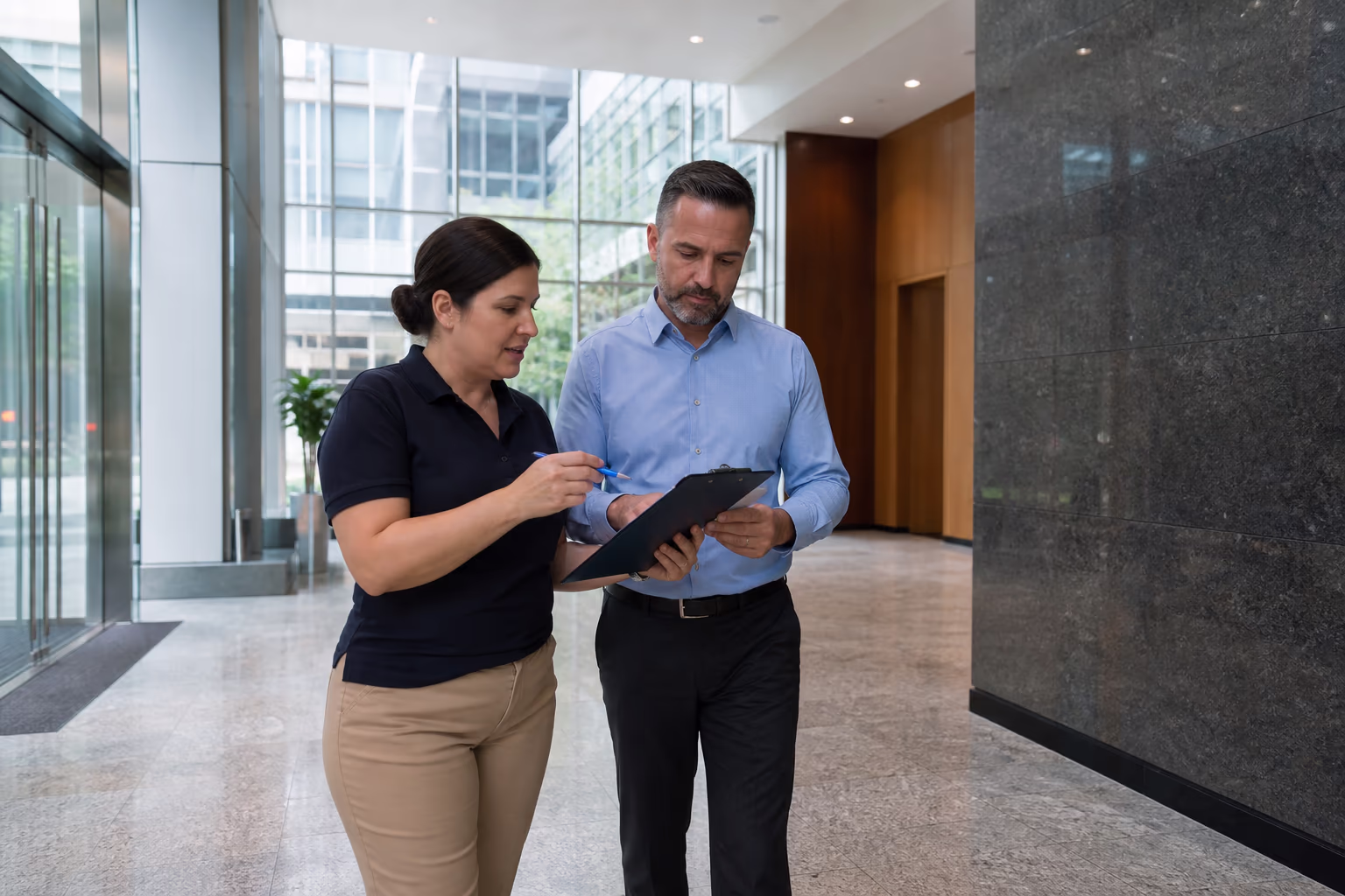 A facility manager and a cleaning supervisor walking through a commercial building lobby with an inspection clipboard, checking surfaces against a written cleanliness standard in Ottawa.