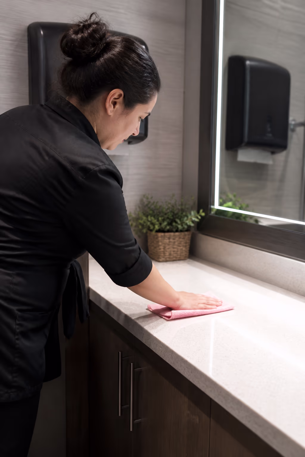 A cleaner in a commercial washroom polishing a counter and mirror to a spotless finish, the high-traffic standard for public spaces in a Canadian office building.