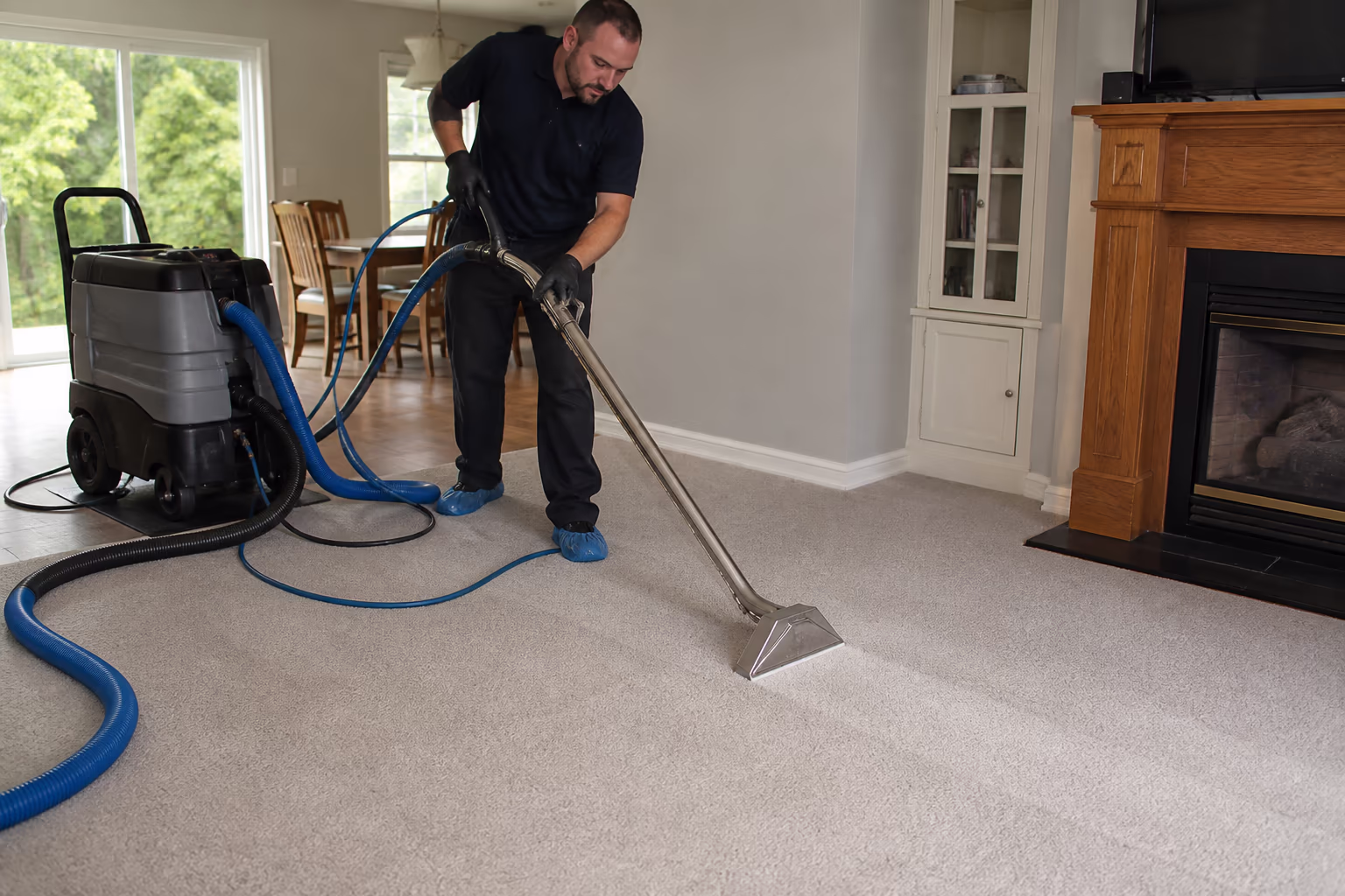 A cleaning technician running a hot water extraction wand across a living room carpet in an Ottawa home, lifting deep soil in a single pass.