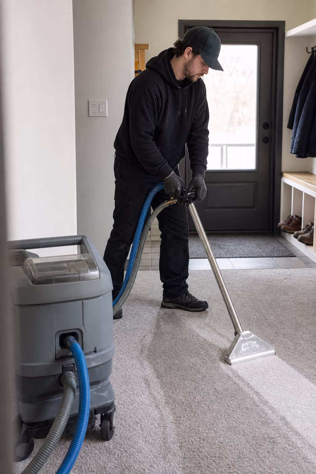 A technician applying a pre-spray and extracting winter de-icing salt stains from a carpet in an Ottawa entryway near a mudroom door.