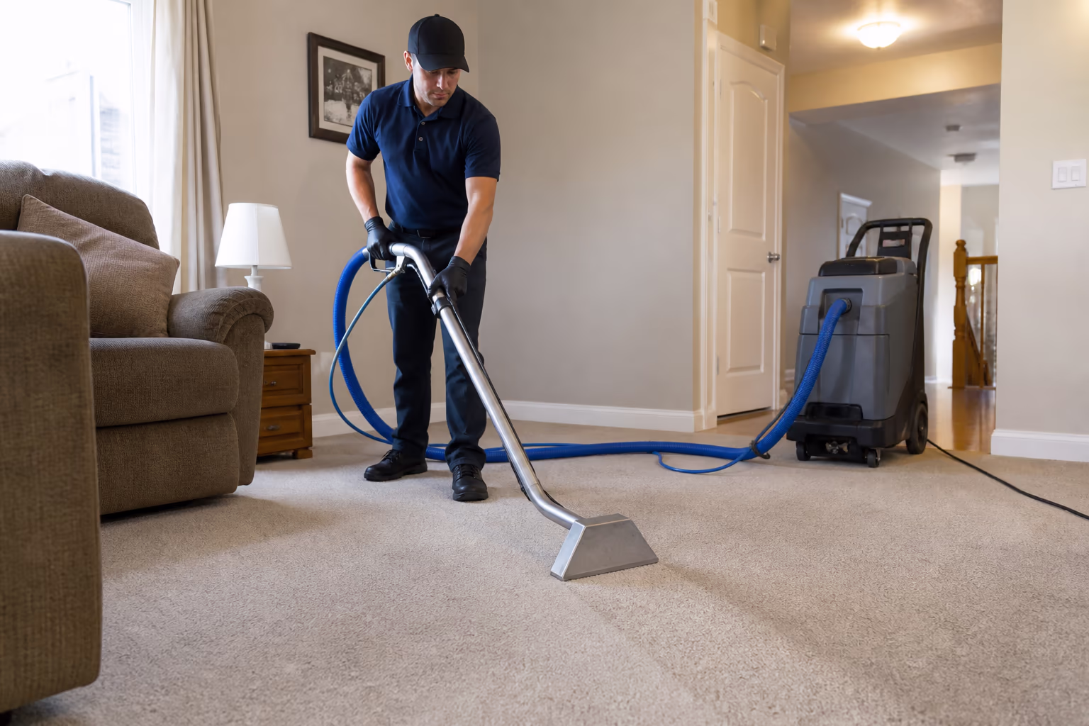 A professional cleaner running a hot water extraction wand across a living room carpet in an Ottawa home, with a clean dry line following the pass.