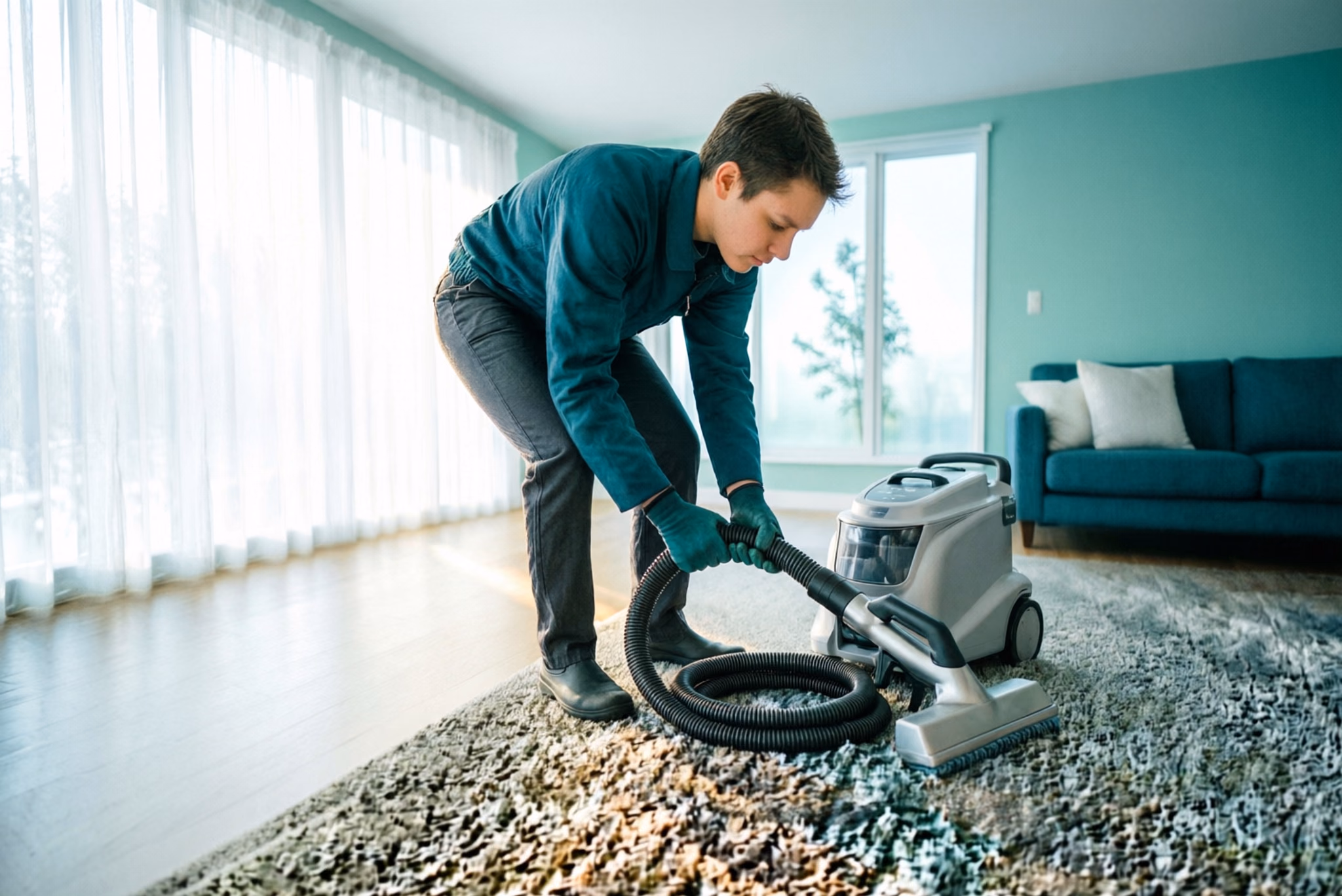 A freshly extracted Ottawa living room carpet standing up clean after professional hot water extraction, with a technician coiling the extraction hose beside it.