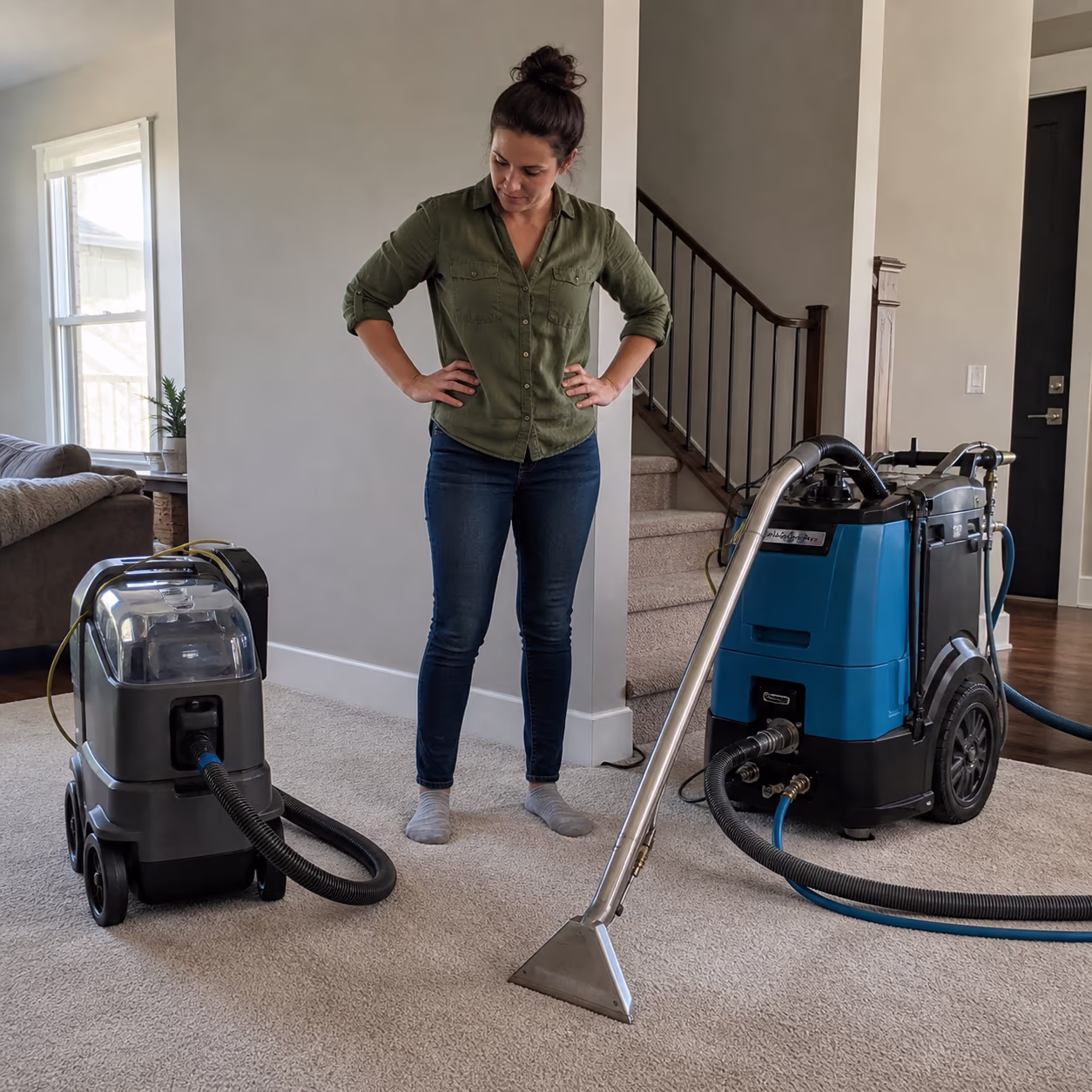 A homeowner in a bright Ottawa living room standing between a rented carpet cleaning machine and a professional truck-mounted hot water extractor, comparing the two before deciding how to clean the carpet.