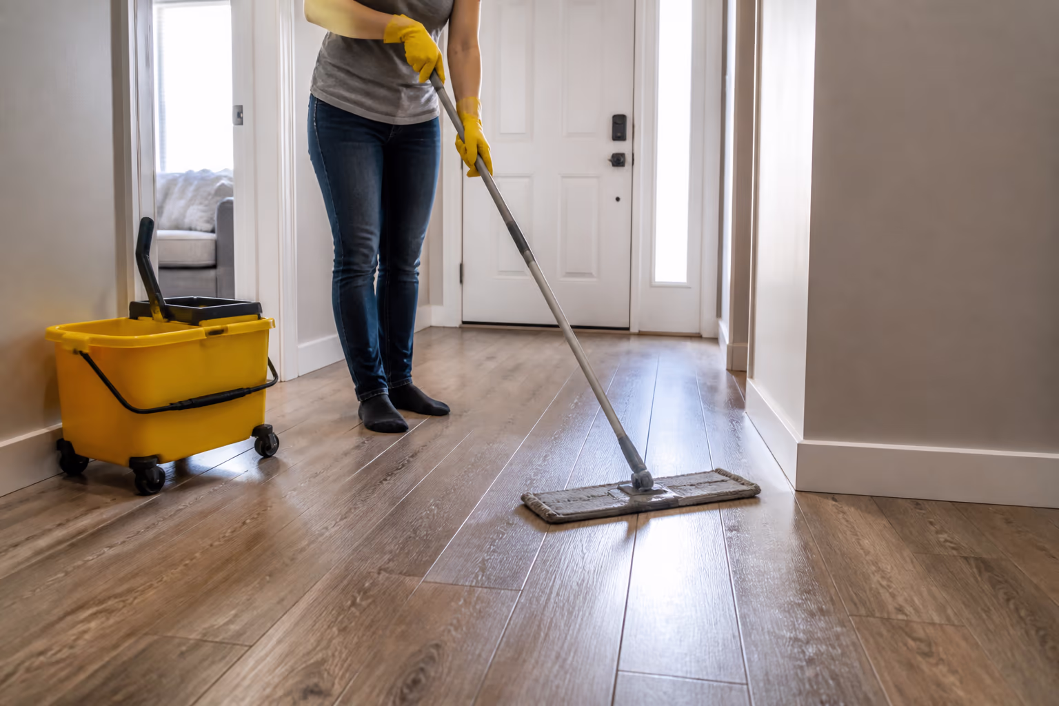 A cleaner's mop and wheeled bucket standing on a polished hard-surface floor in a bright rental entryway, the maintenance routine that outlasts carpet.