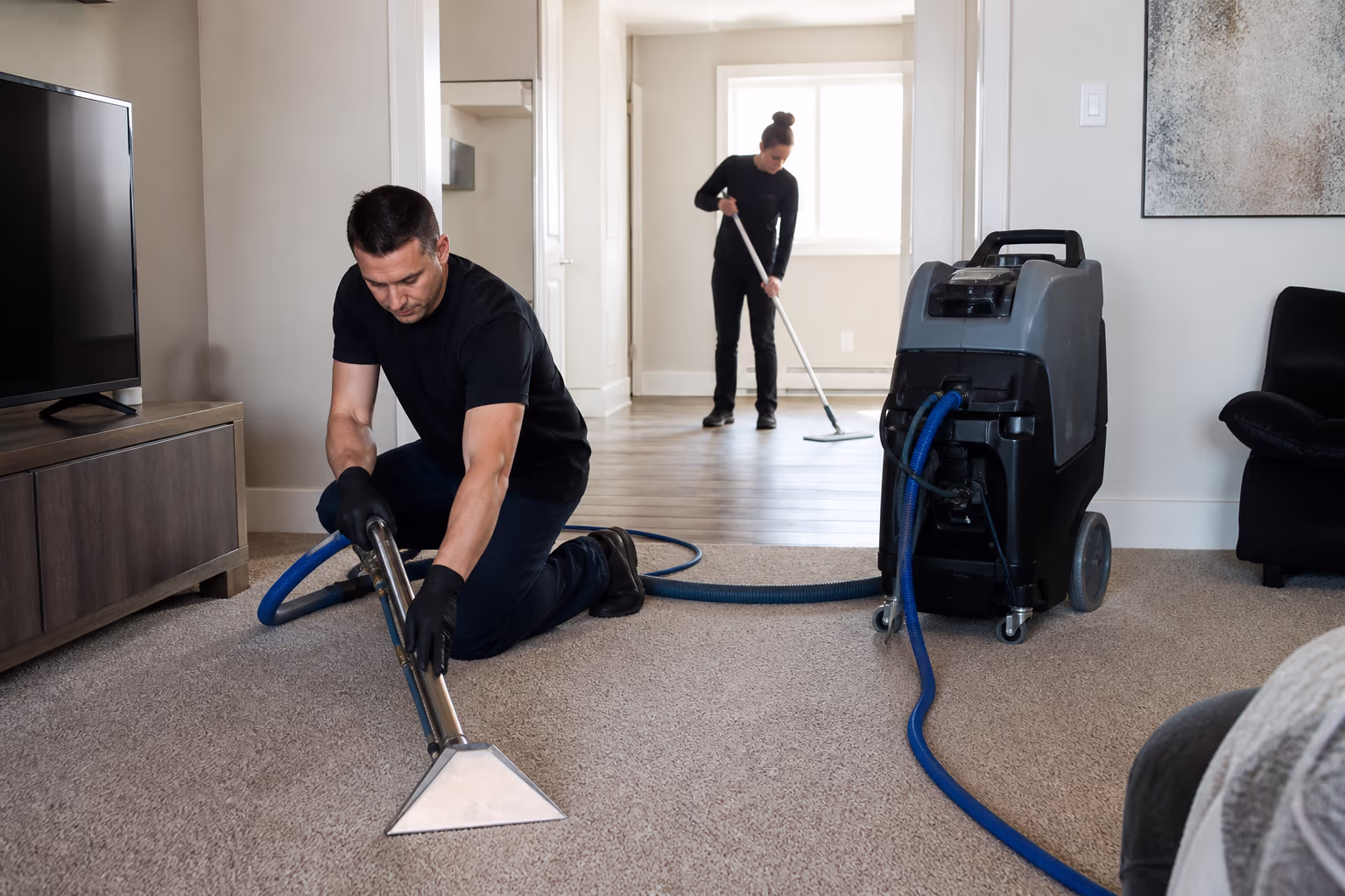 A cleaning technician kneeling with a hot-water extraction wand on a short-pile rental carpet while a second cleaner mops the hard-floor entry beside it.