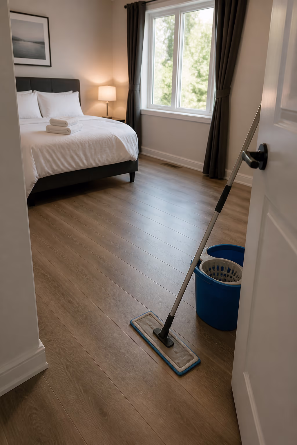 A freshly turned-over rental bedroom in Ottawa with a bare hard-surface floor, folded towels at the foot of the bed and a mop waiting by the door, ready for the next guest.
