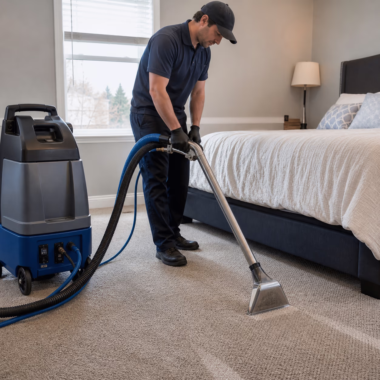 A technician inspecting a wall-to-wall carpet in a rental bedroom, lifting the pile near a baseboard to check for salt rings and odour saturation before recommending extraction or replacement.