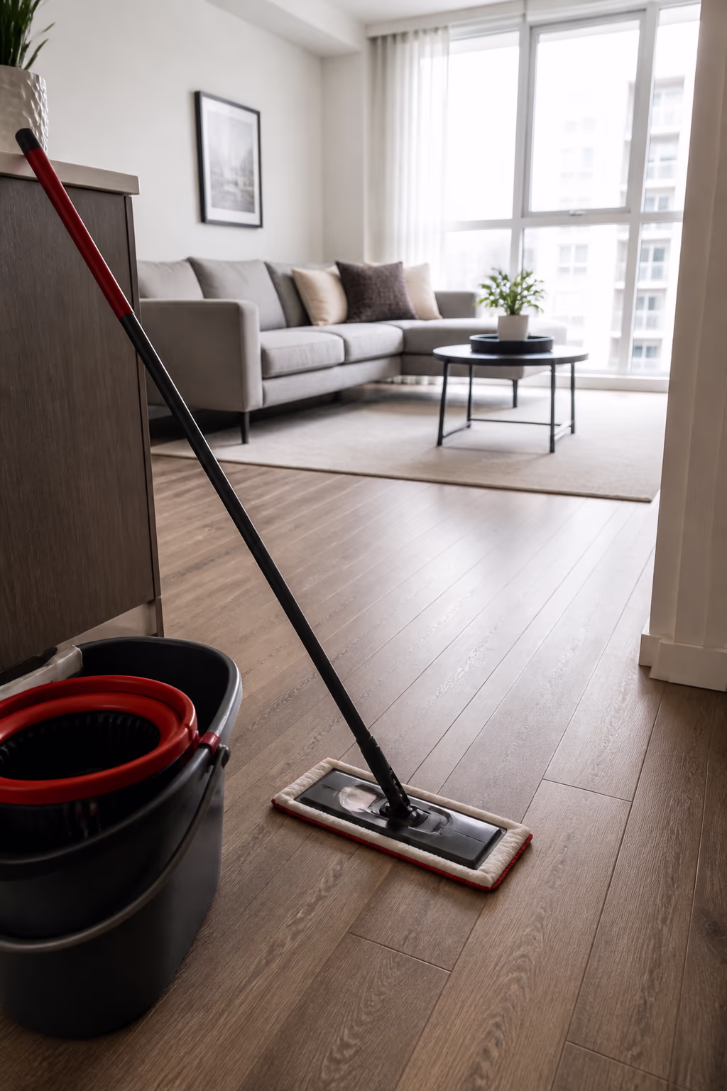 A bright Ottawa rental living room finished with a luxury vinyl plank floor, with a mop and bucket waiting at the entry, showing the hard-surface turnover standard.
