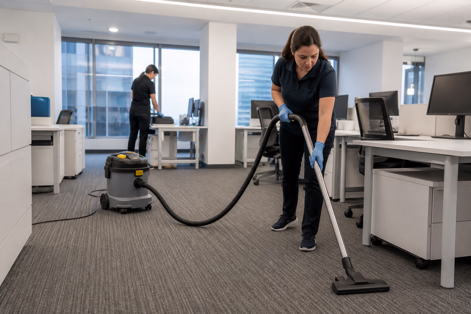 A commercial cleaning team working through an open-plan Ottawa office, wiping workstations and vacuuming carpet during an after-hours service.