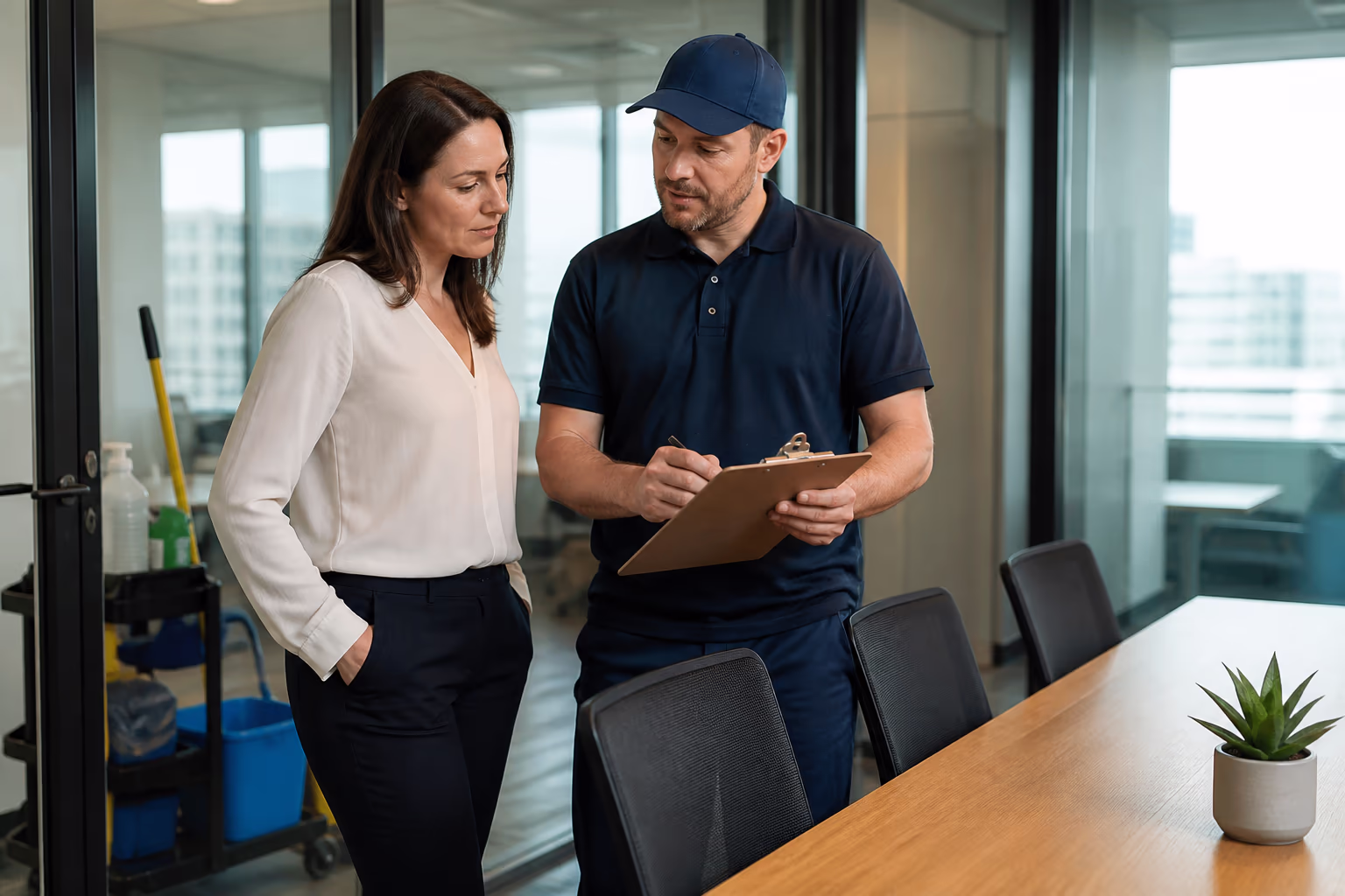 A commercial cleaning company representative walking a business owner through a janitorial scope-of-work checklist in a bright Ottawa office.