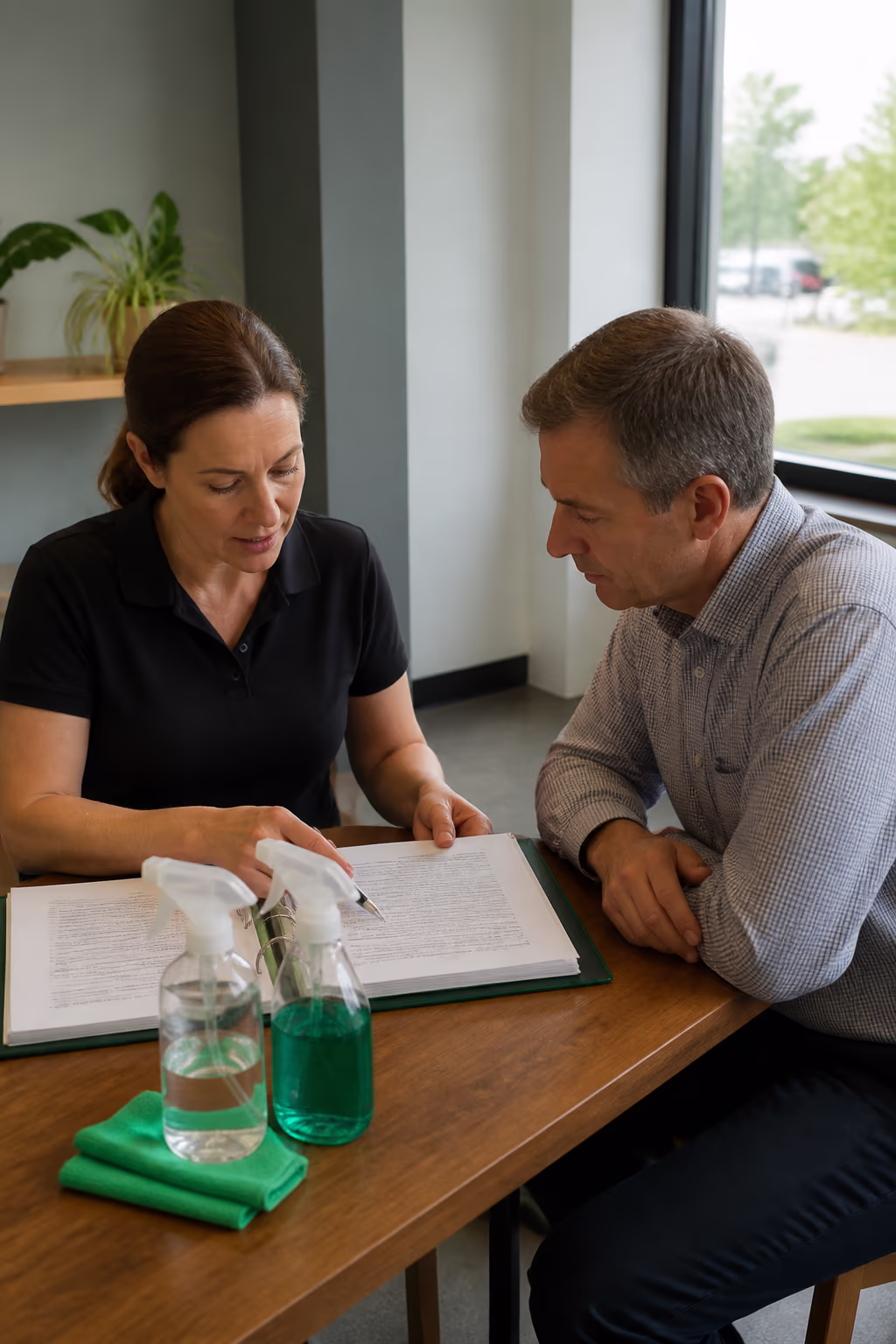 An account manager walking an Ottawa business owner through a janitorial service agreement at a tidy meeting table, with a scope-of-work binder and green product samples close at hand.