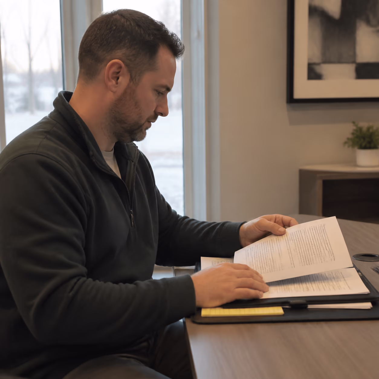 A facility manager in an Ottawa office reviewing a commercial cleaning RFP proposal against a checklist of WSIB and WHMIS requirements.