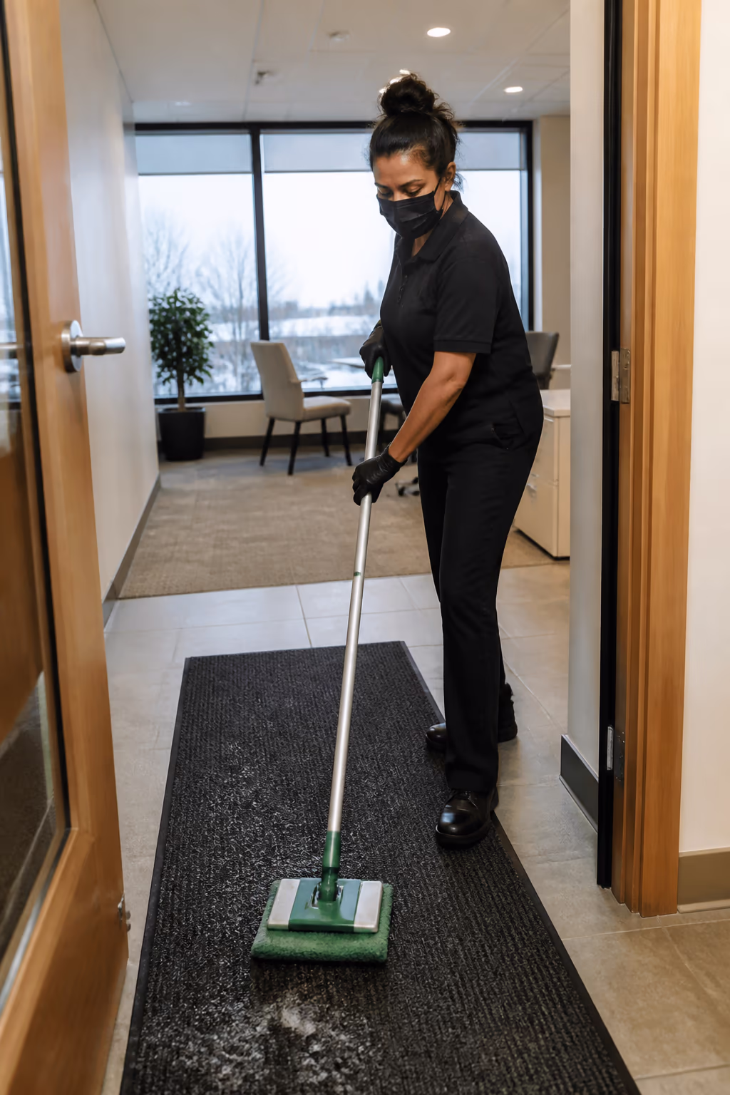 A commercial cleaner using a green product in an Ottawa workplace during winter, with entry mats protecting the floor from de-icing salt.