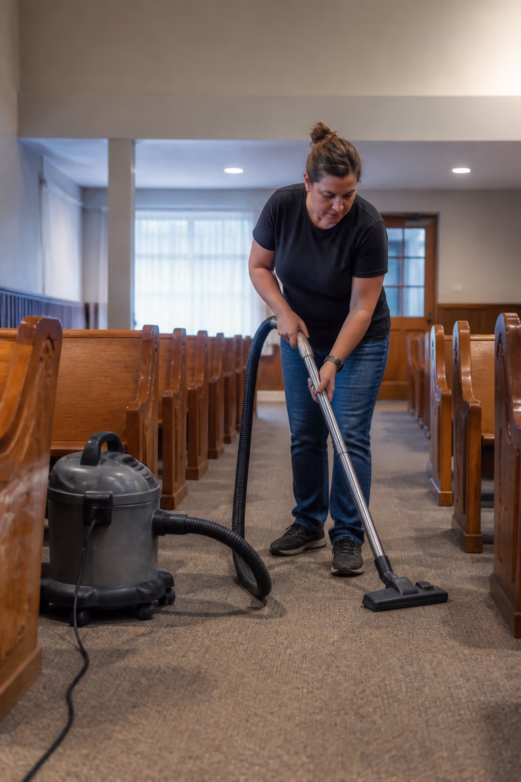 A spotless church sanctuary with varnished wooden pews, polished brass fixtures and a freshly vacuumed carpeted aisle, ready ahead of a weekend service.