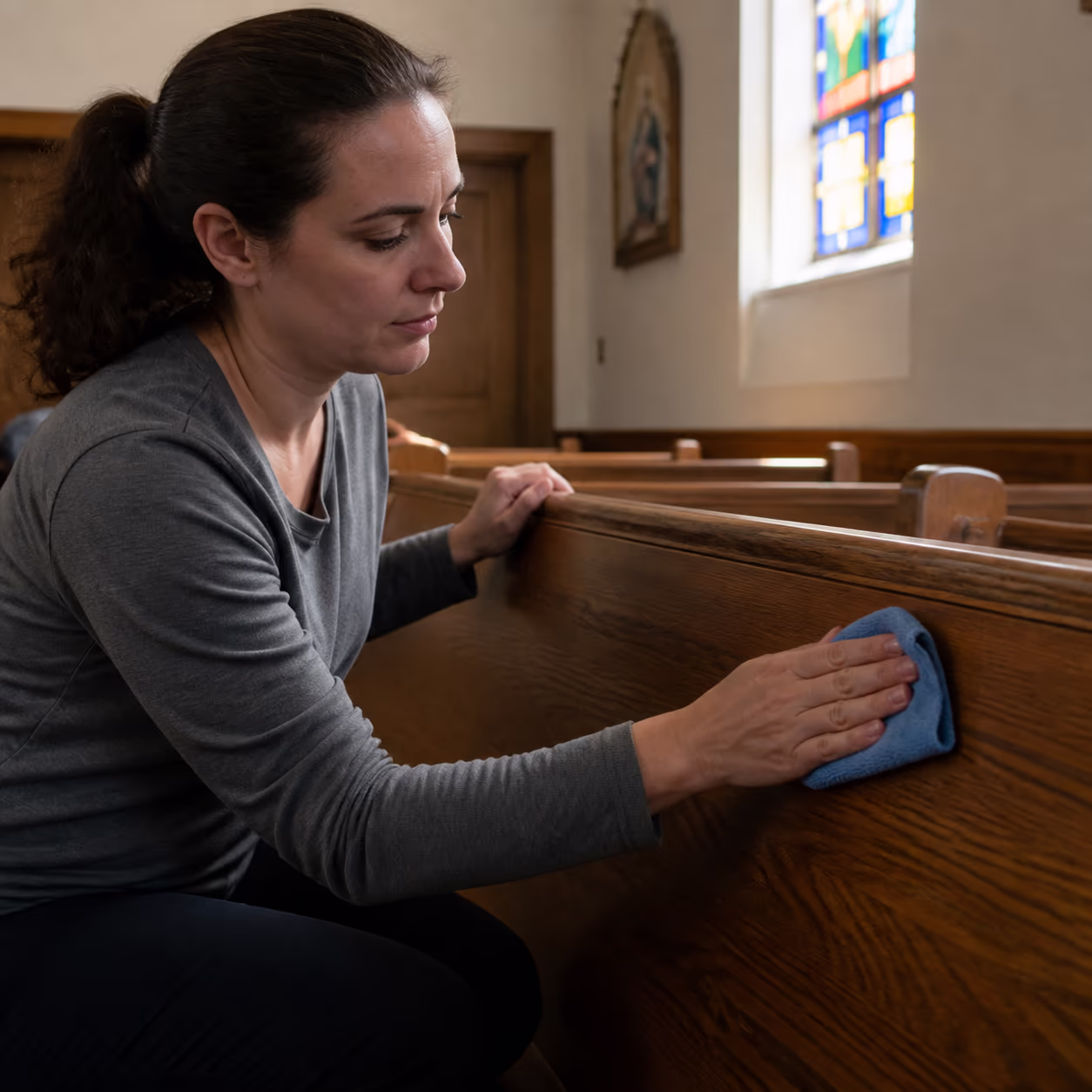 A cleaner gently dusting a long wooden pew with a microfibre cloth in a sunlit Ottawa church sanctuary, preserving the varnished finish.