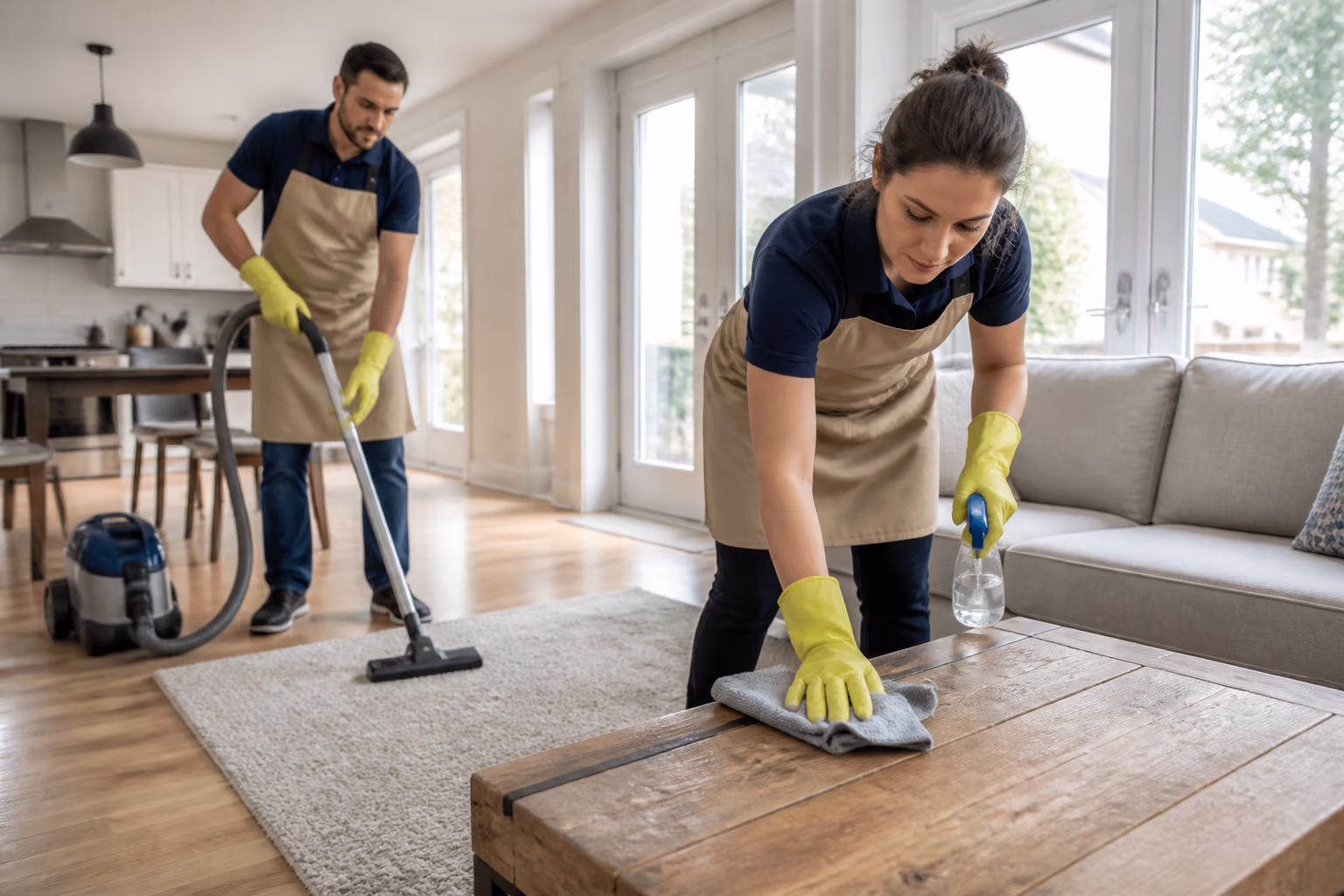 Three cleaners in matching aprons and gloves working in a bright, freshly cleaned room.