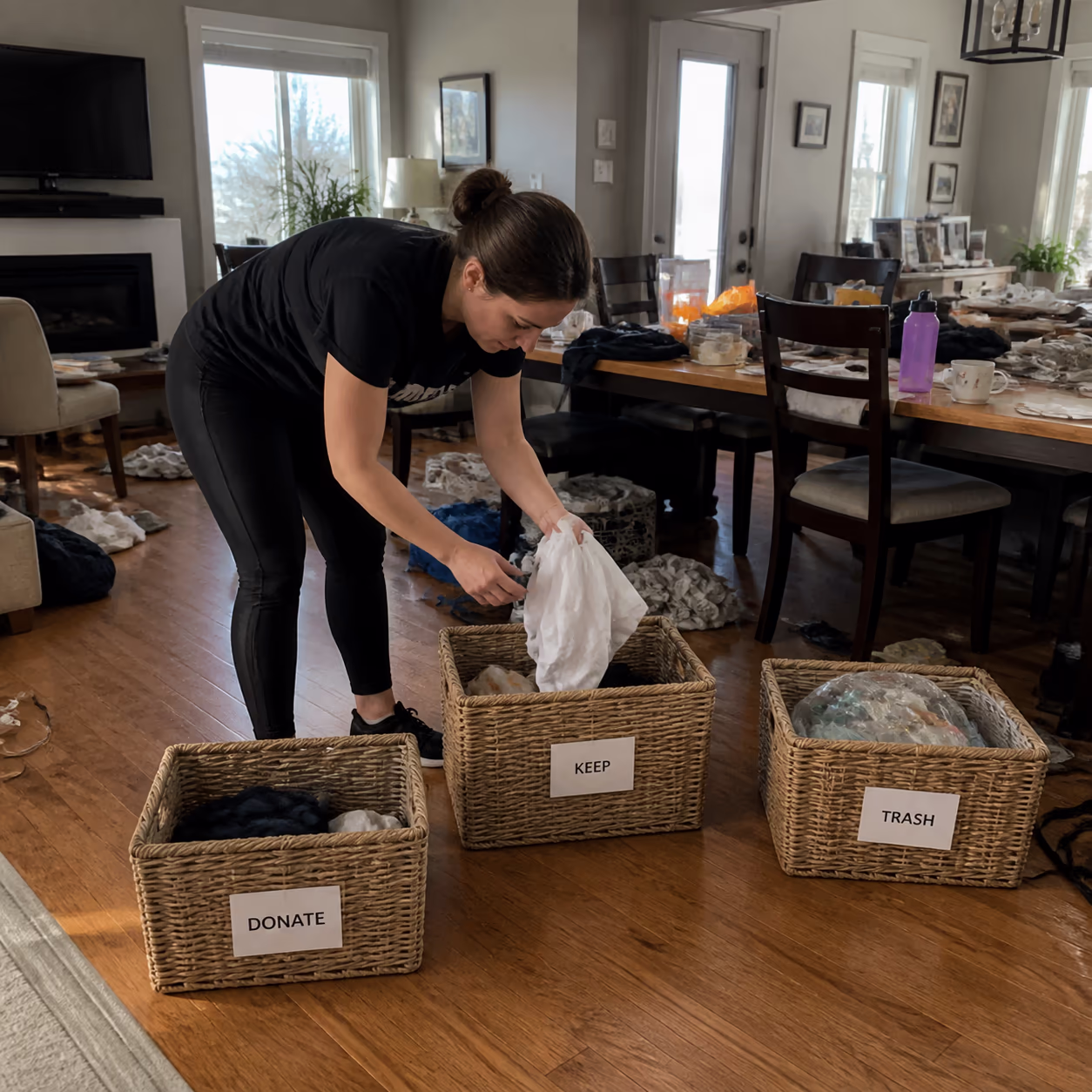 A professional cleaner beginning a messy Ottawa home reset, sorting clutter into labelled baskets before any cleaning products are sprayed.