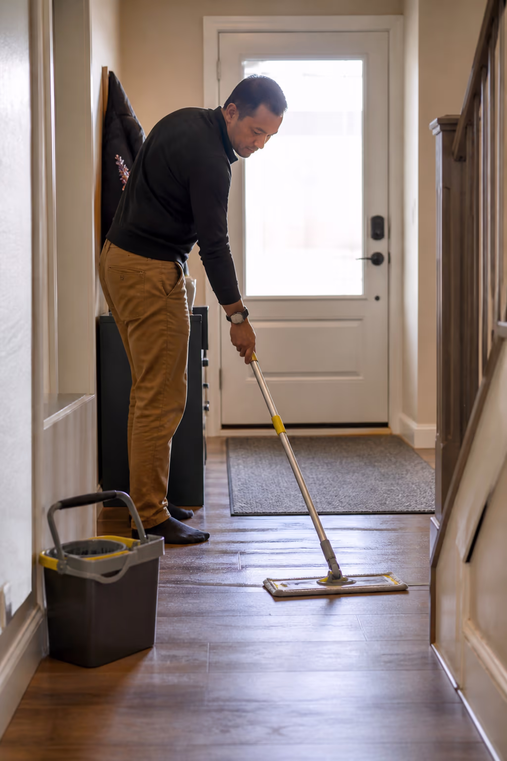 A residential cleaner mopping an Ottawa home entryway with a pH-neutral rinse to lift winter de-icing salt from the floor.