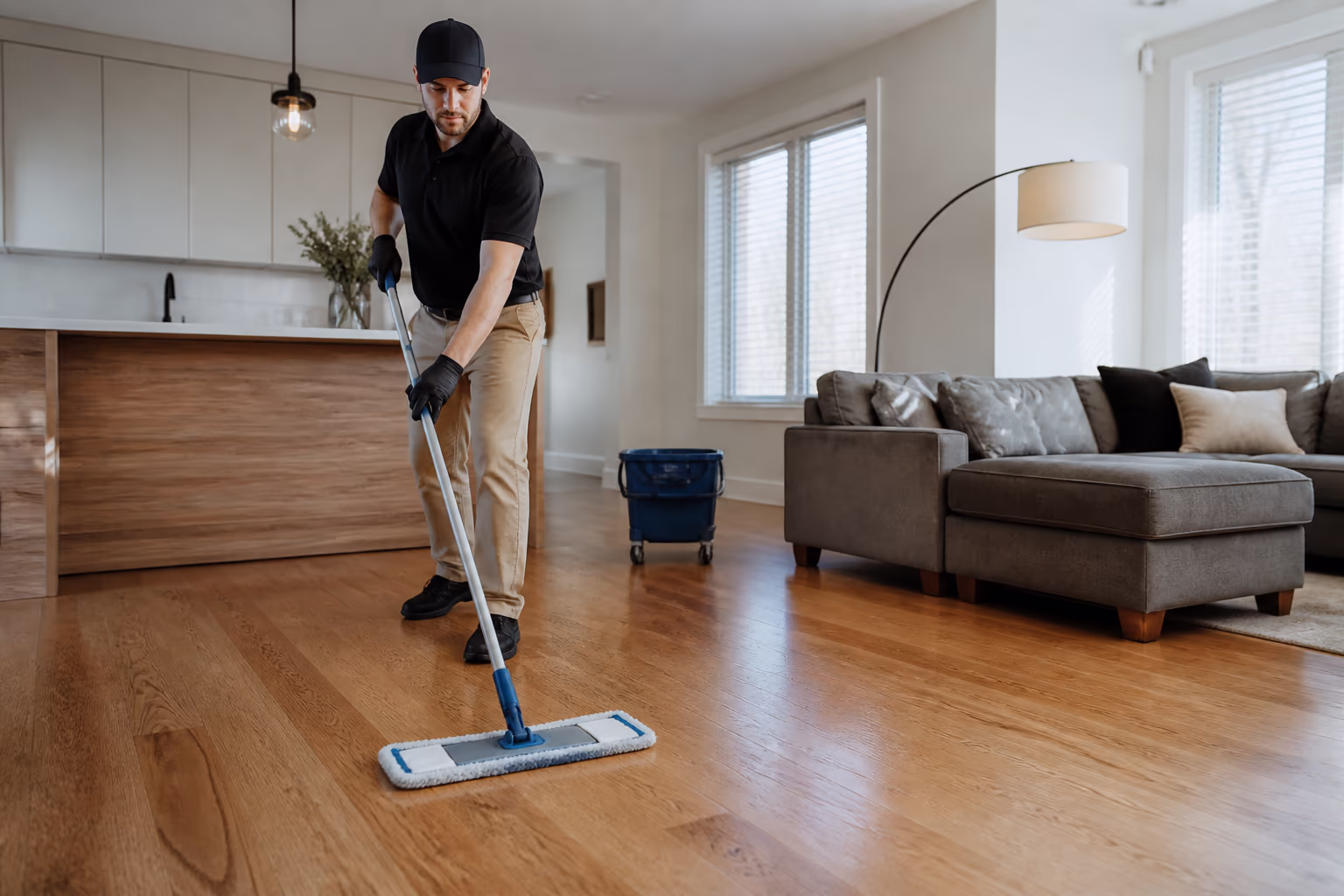 A professional cleaner damp-mopping a wide-plank hardwood floor parallel to the grain in a bright Ottawa home, microfibre flat mop in hand.