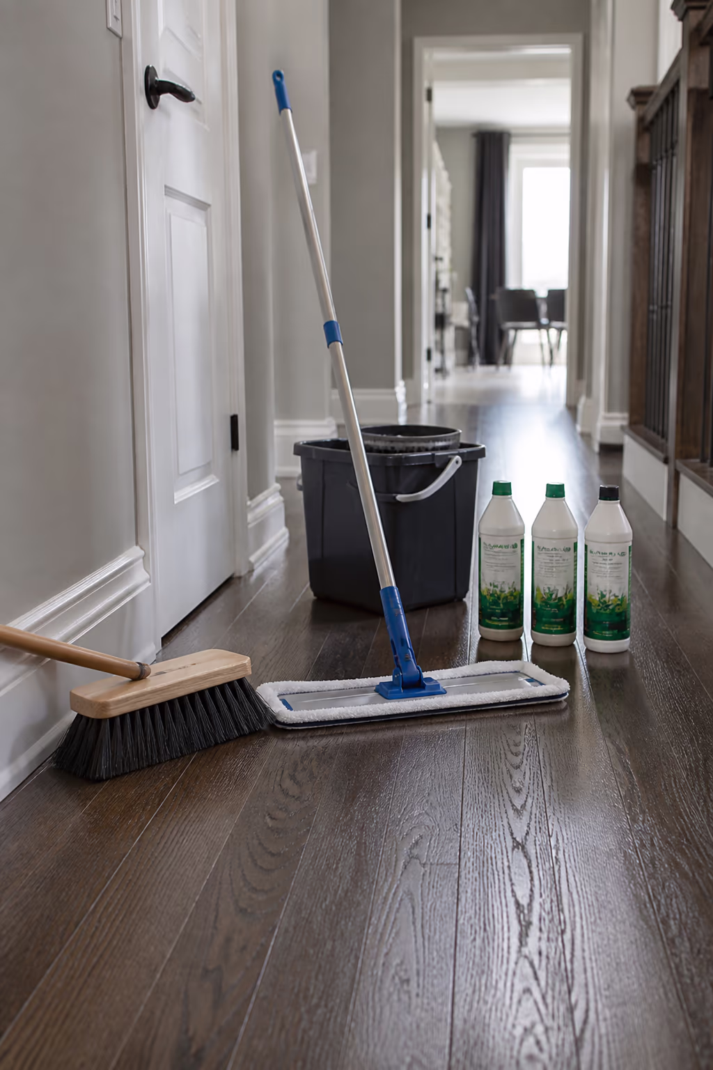 A neat row of pH-neutral hardwood cleaner bottles beside a microfibre flat mop and a soft-bristle broom in an Ottawa hallway, ready for the weekly floor routine.