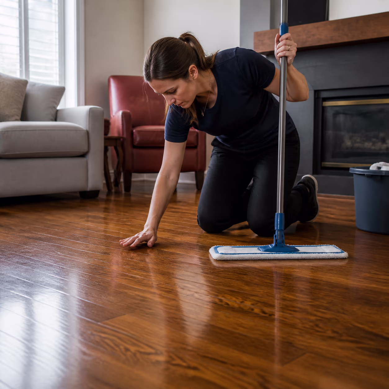 A cleaner kneeling beside a soft-bristle broom, examining the polyurethane sheen of a hardwood floor in a bright Ottawa living room.