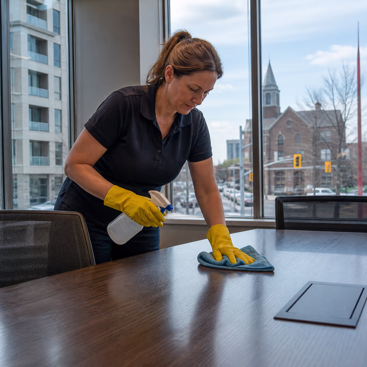 A cleaner in a dark polo and yellow gloves wiping a shared conference table with a disinfectant spray and microfibre cloth beside a window overlooking an Ottawa street.