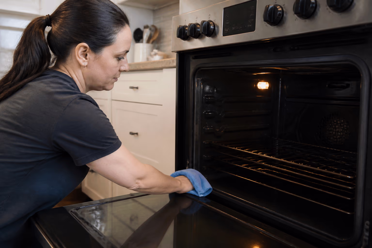 A professional cleaner holding a spray bottle and microfibre cloth in a bright kitchen, ready to degrease oven surfaces.
