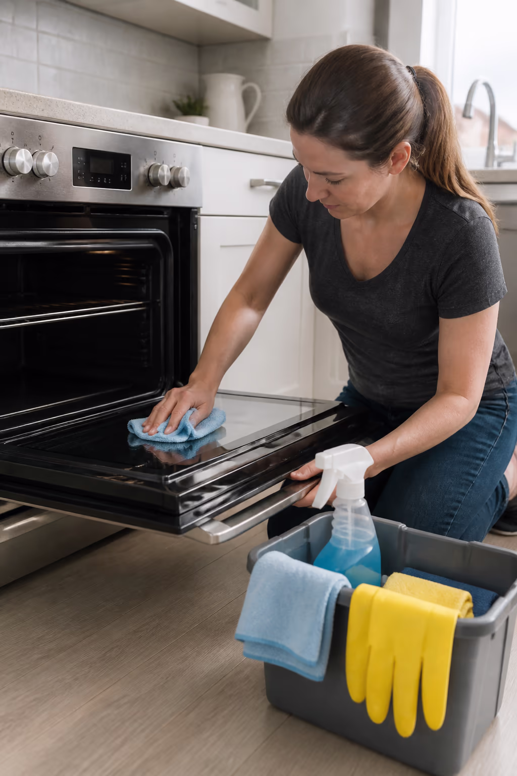 A tidy caddy of fume-free oven cleaner, microfibre cloths and rubber gloves staged beside a clean open oven in an Ottawa kitchen.