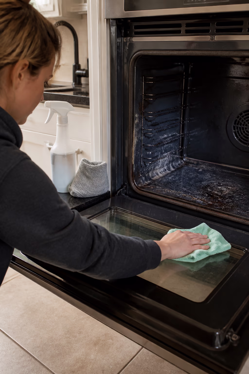 A fume-free oven cleaner spray bottle and a microfibre cloth laid beside an open oven door, showing the enamel cavity before degreasing in an Ottawa kitchen.