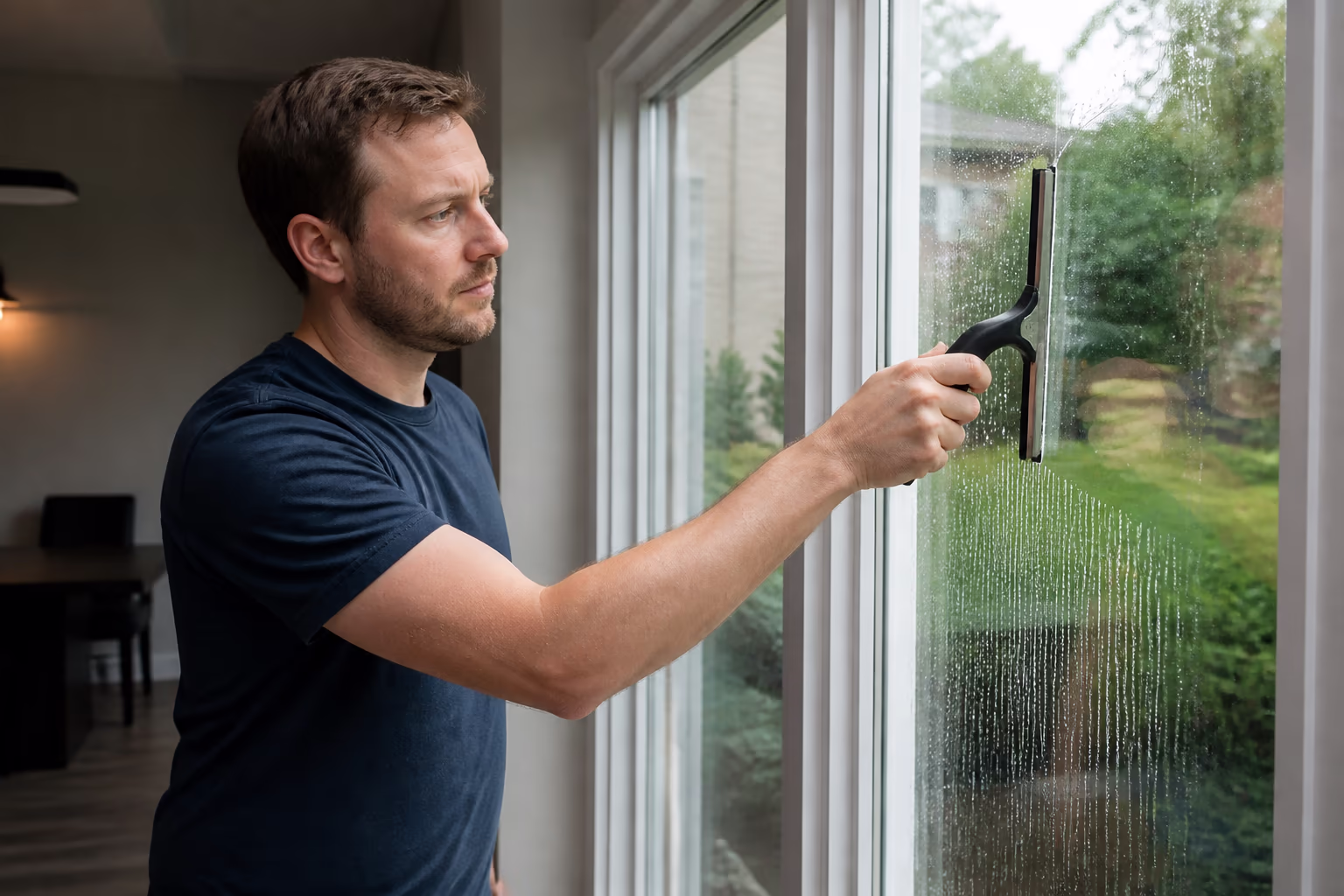 A cleaner holding a spray bottle and a microfibre cloth in a bright interior, ready to wipe down a glass surface.