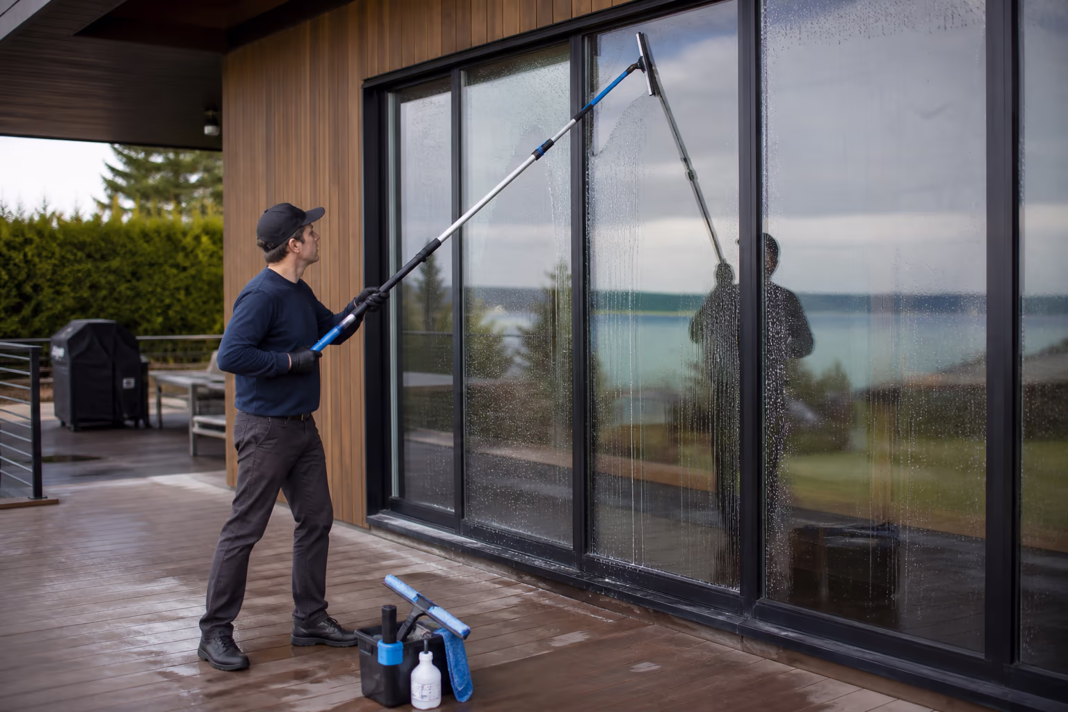 A technician on the ground washing a tall storefront window with an extension squeegee pole, a caddy of cleaning solution beside them on the pavement.
