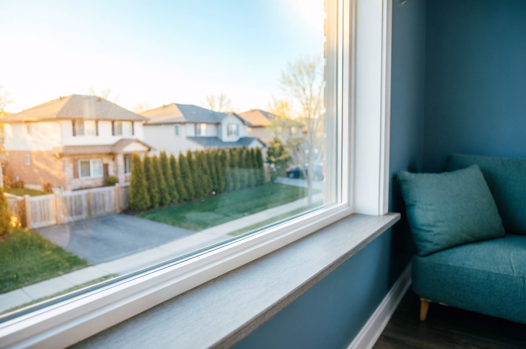 A clean squeegee resting on the sill of a bright Ottawa window, the glass streak-free with a view of the neighbourhood beyond.