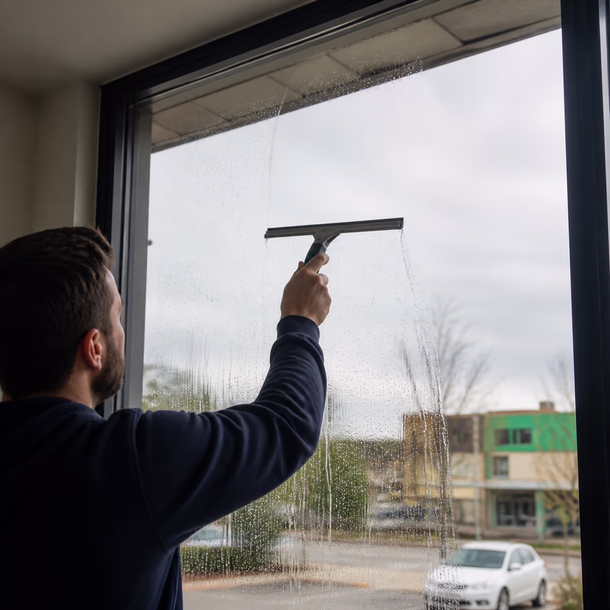 A professional squeegee gliding down a large glass pane, pushing a single sheet of water ahead of the rubber blade on a cool, cloudy morning.