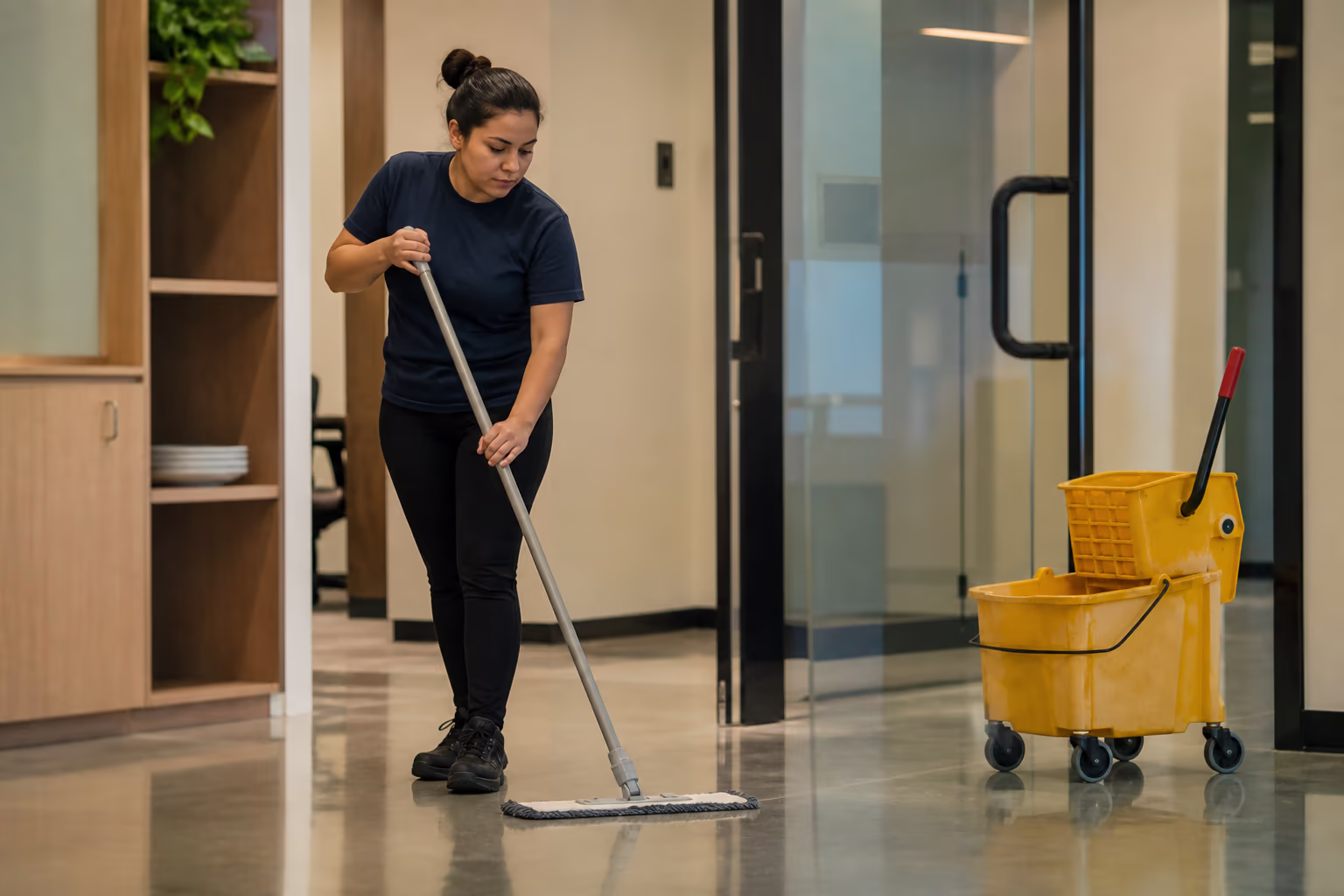 A team of three commercial cleaners in matching uniforms and aprons standing in a bright office, ready for their nightly janitorial shift.
