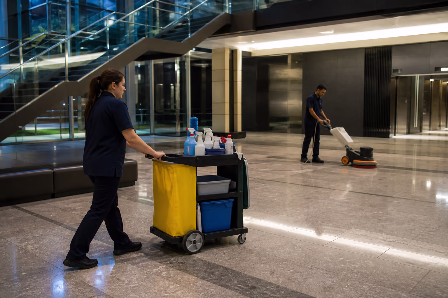 A wide view of cleaning technicians servicing a multi-tenant office tower at night, with a colour-coded cart of cleaning supplies and a floor-care machine.
