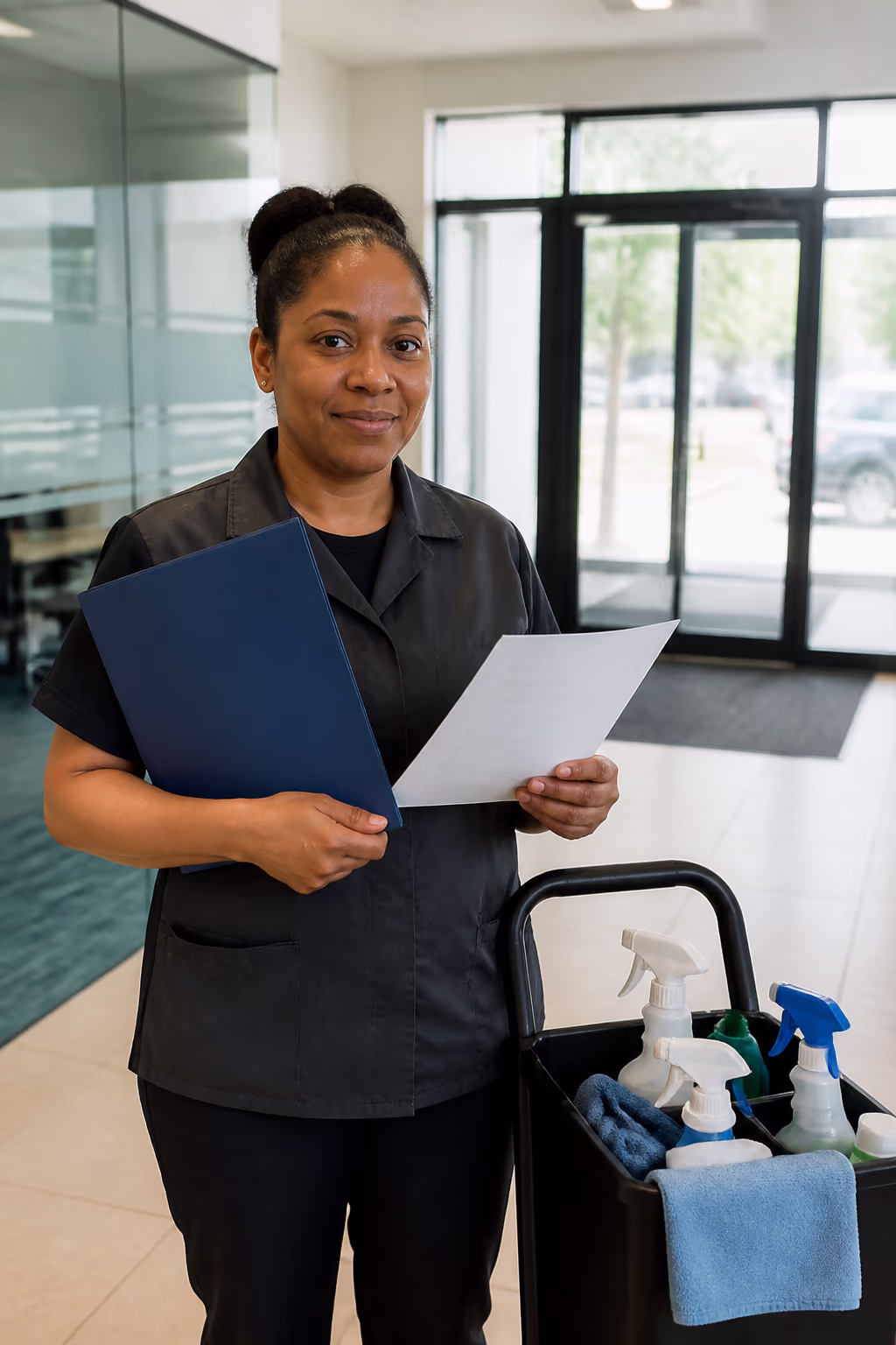 A close portrait of a commercial cleaner in uniform holding a WSIB clearance folder and a payroll policy sheet beside a supply caddy in a bright Ottawa office lobby.