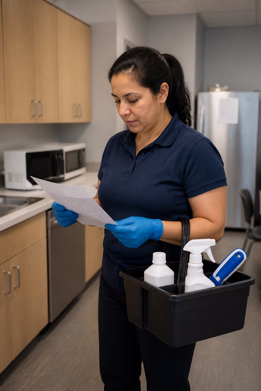 A close portrait of a commercial cleaner in uniform and safety gloves reading a WHMIS Safety Data Sheet beside a supply caddy in a break room.