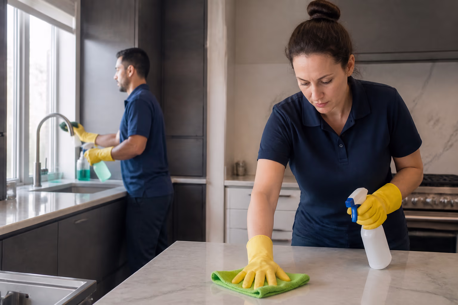 Three cleaners in matching uniform and yellow gloves in a bright room, the fair-wage team behind transparent janitorial contracts.