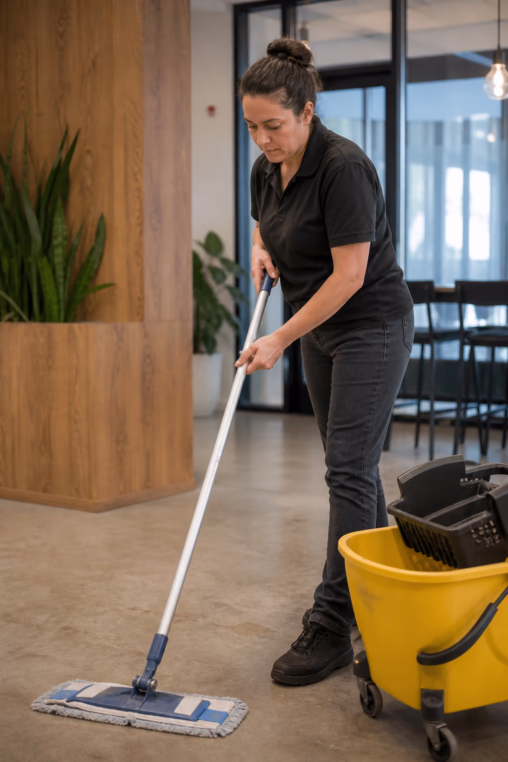 A fair-wage cleaning technician holding a clipboard with a payroll transparency checklist in a bright Ottawa office lobby.