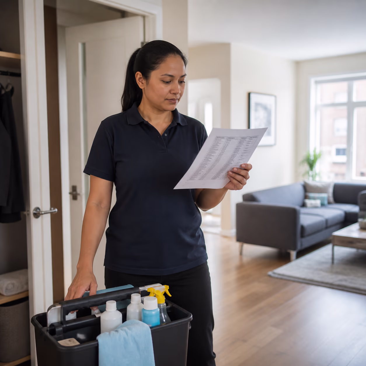 A professional house cleaner in uniform reviewing a printed schedule beside a supply caddy in an Ottawa home, standing in for the wages and hours behind each cleaning visit.