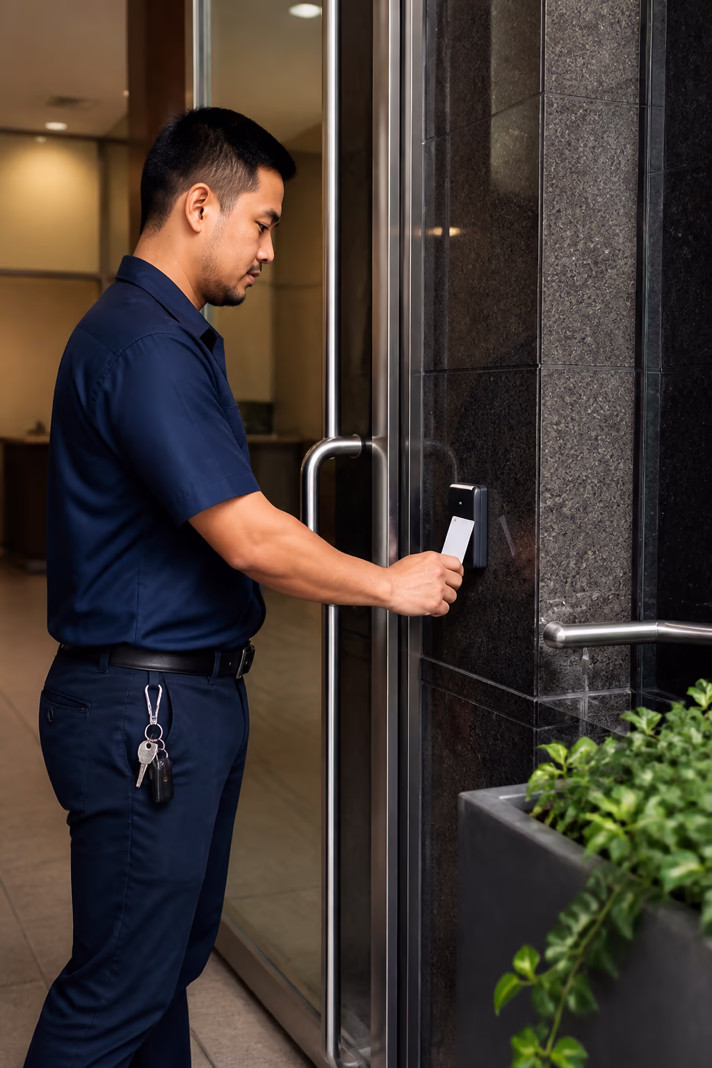 A portrait of a commercial cleaner holding a keycard fob outside a downtown Ottawa office tower entrance, representing the stable fair-wage team a living wage keeps on the job.