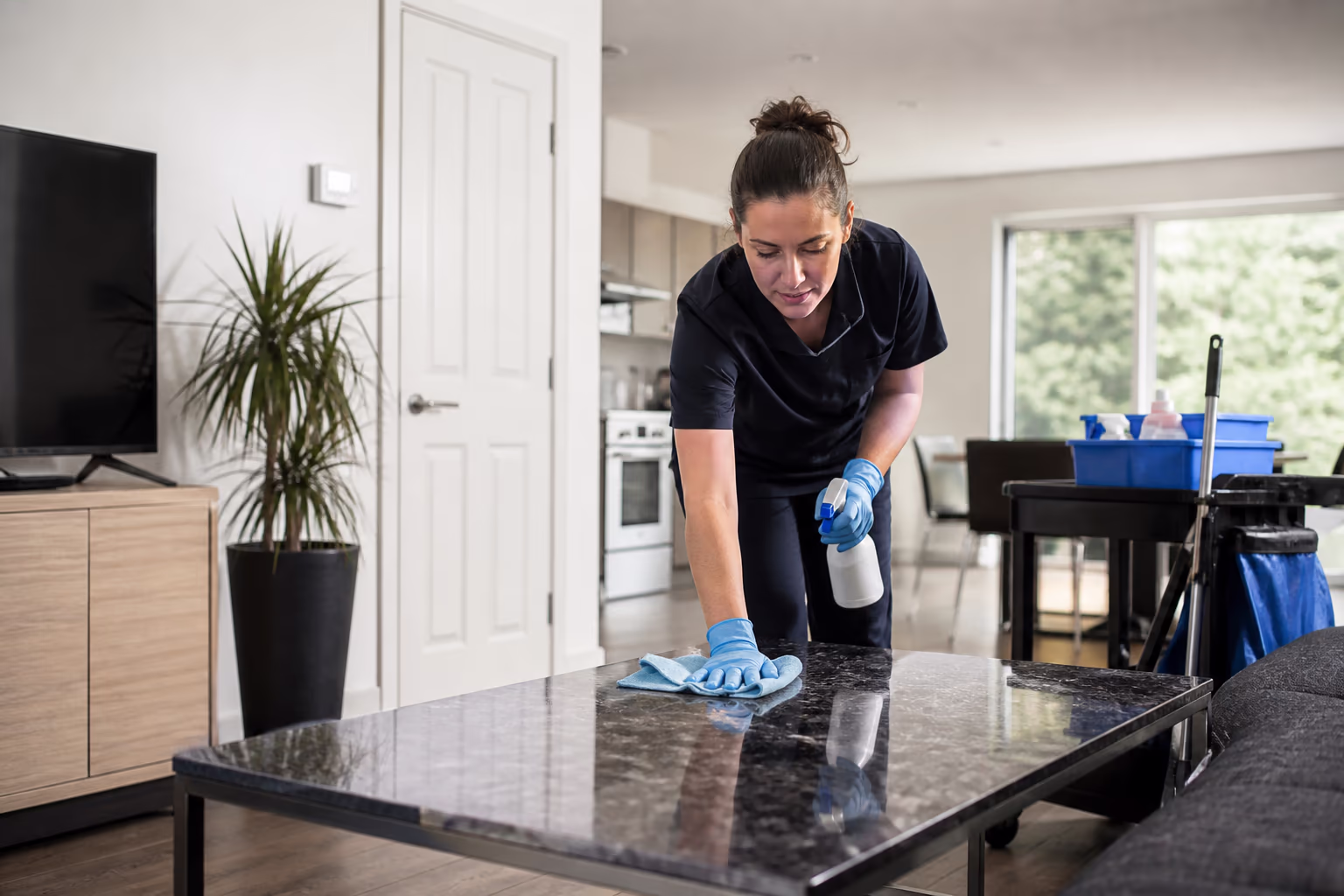 A uniformed professional cleaning team standing together in a bright, spacious room with their equipment, prepared for a residential or commercial clean in Ottawa.