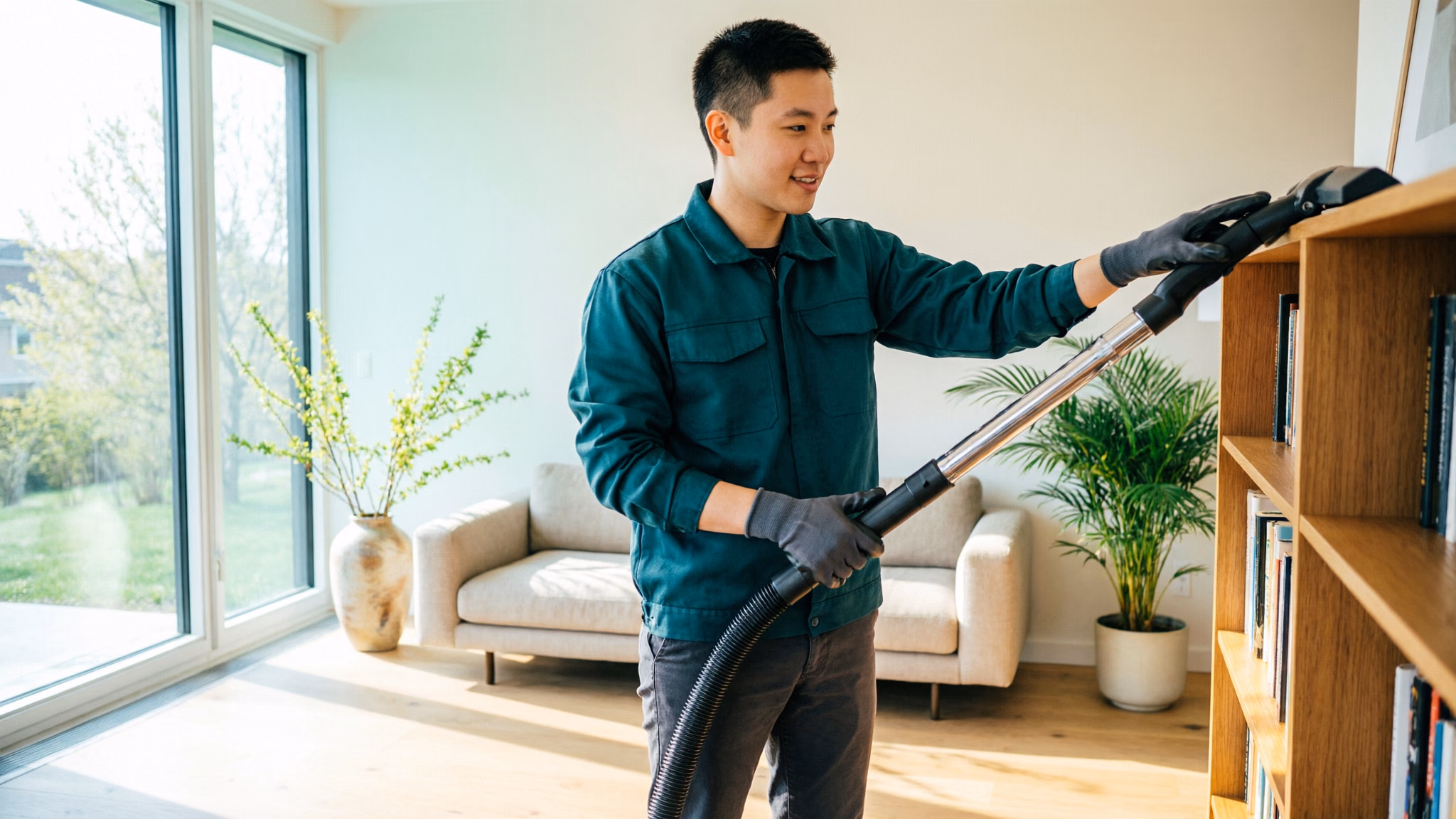A cleaning technician dusting high surfaces top-to-bottom with a HEPA backpack vacuum in a bright Ottawa home, with microfibre cloths at the ready.