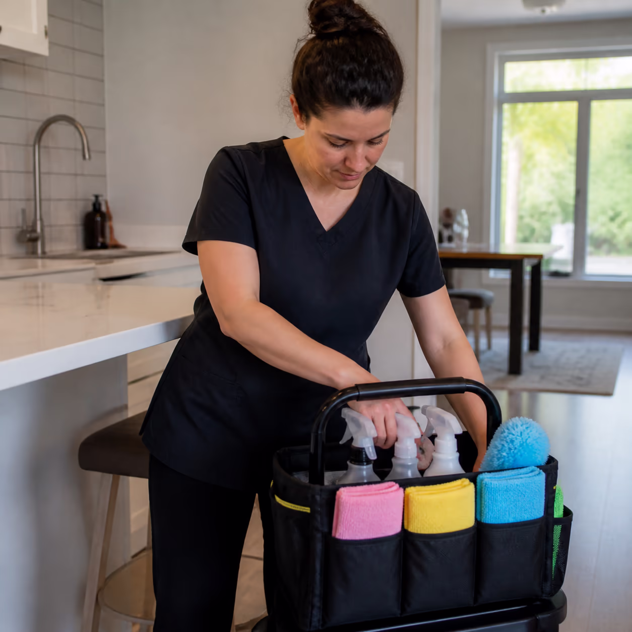 A professional cleaning technician organising a colour-coded microfibre cleaning caddy for a residential visit in Ottawa.