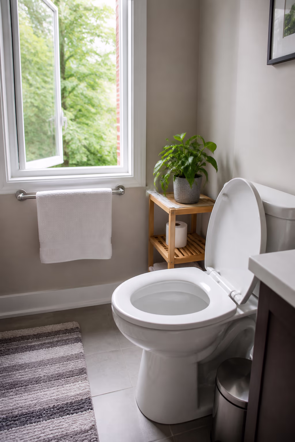 A bright, ventilated Ottawa bathroom with the window open and a clean white toilet bowl ready for the next guest.